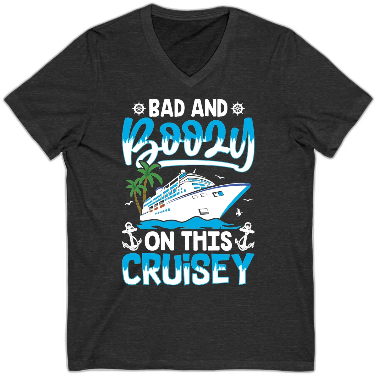 Bad And Saucy On This Cruise V-Neck in Dark Grey Heather