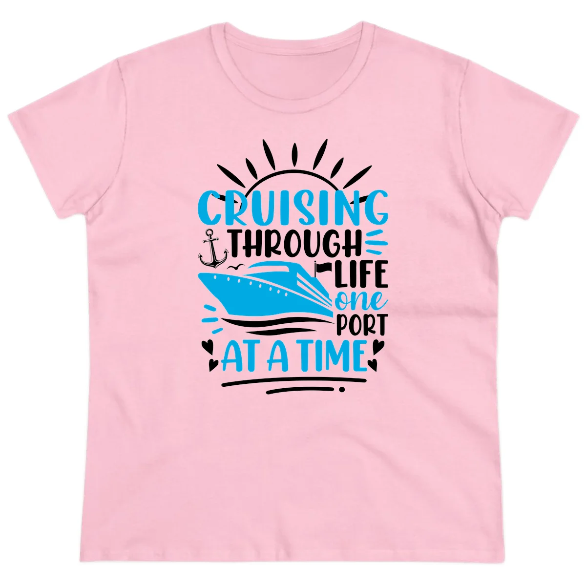 Cruising Through Life One Port At A Time Ladies Tee in Light Pink