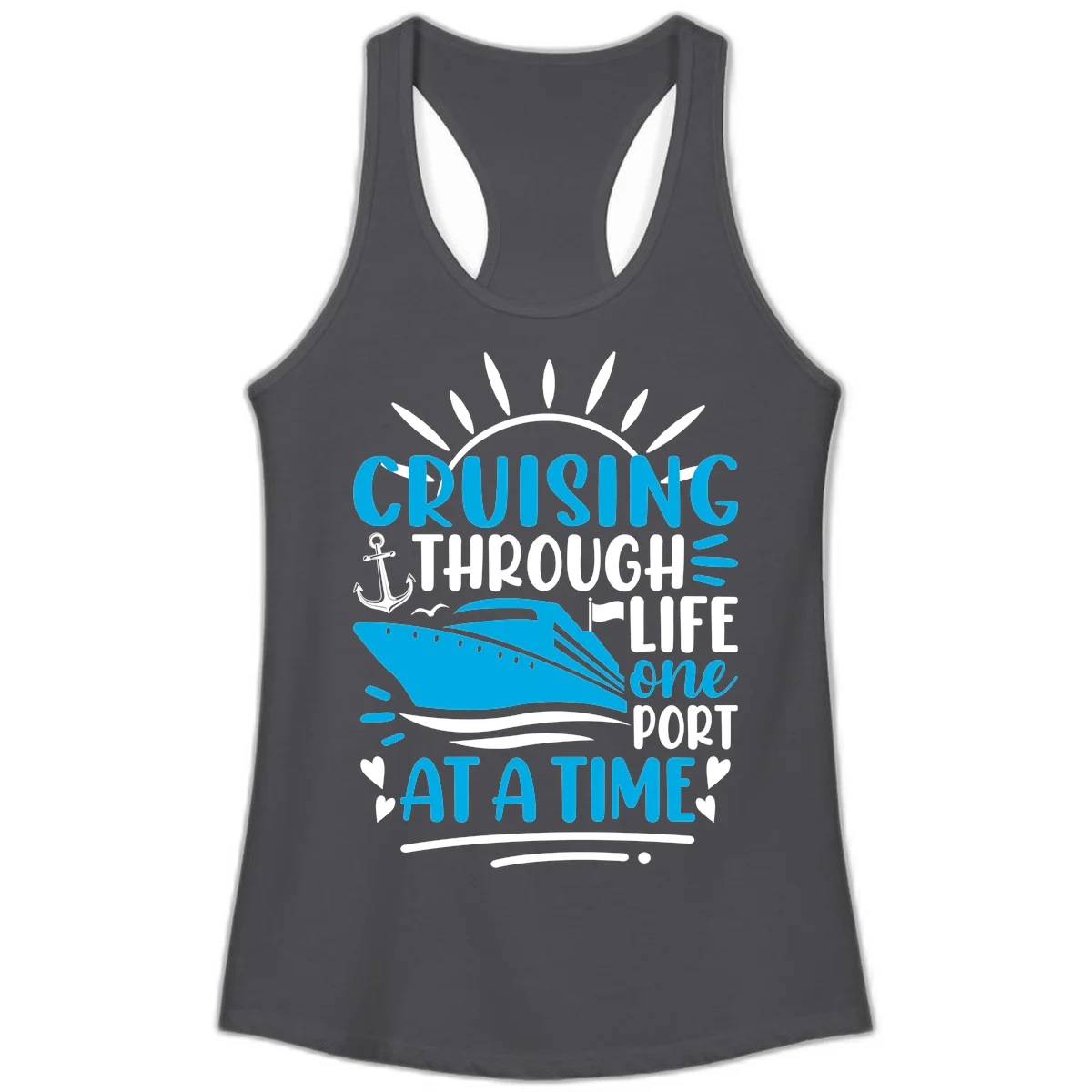 Cruising Through Life One Port At A Time Ladies Tank in Solid Dark Gray