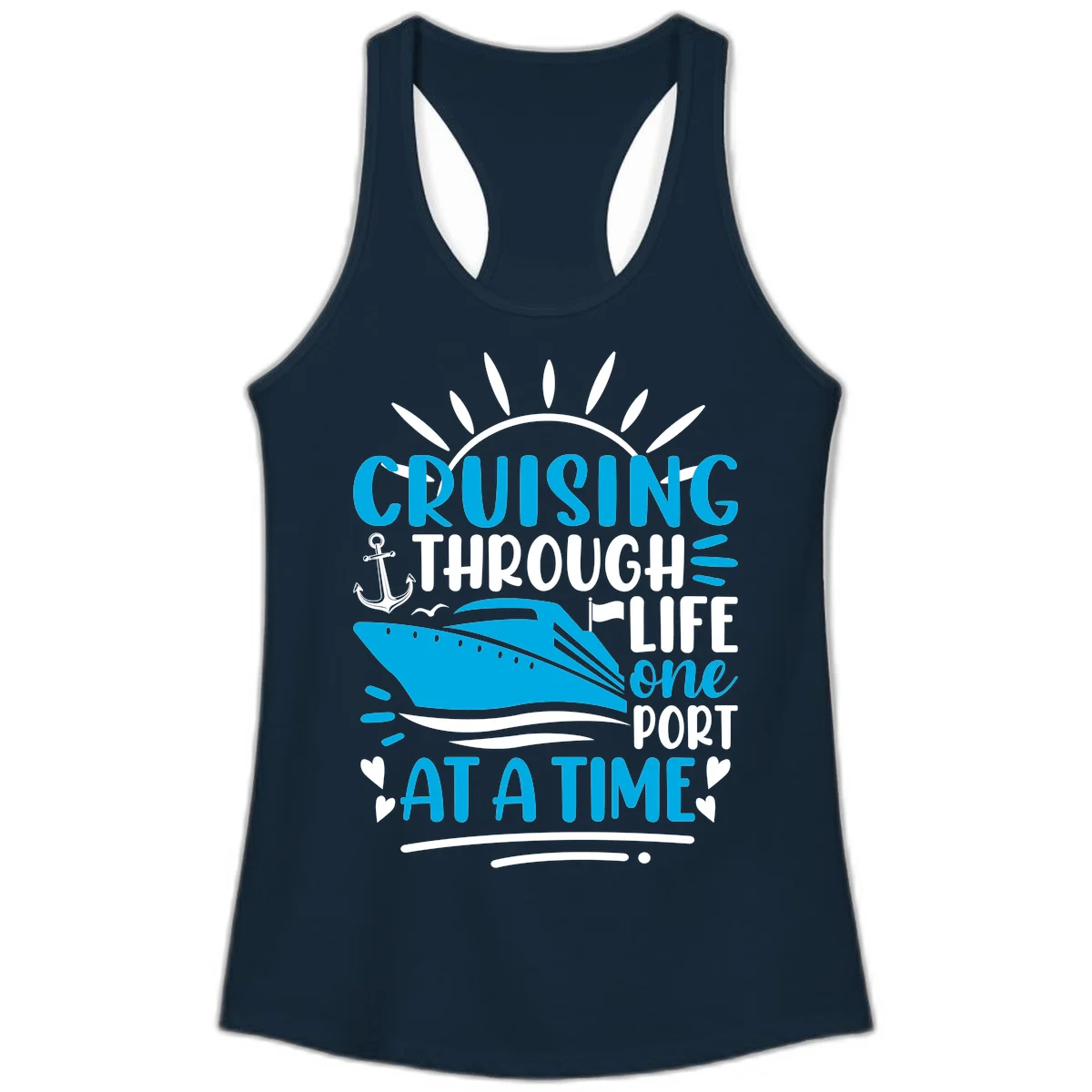 Cruising Through Life One Port At A Time Ladies Tank in Solid Midnight Navy