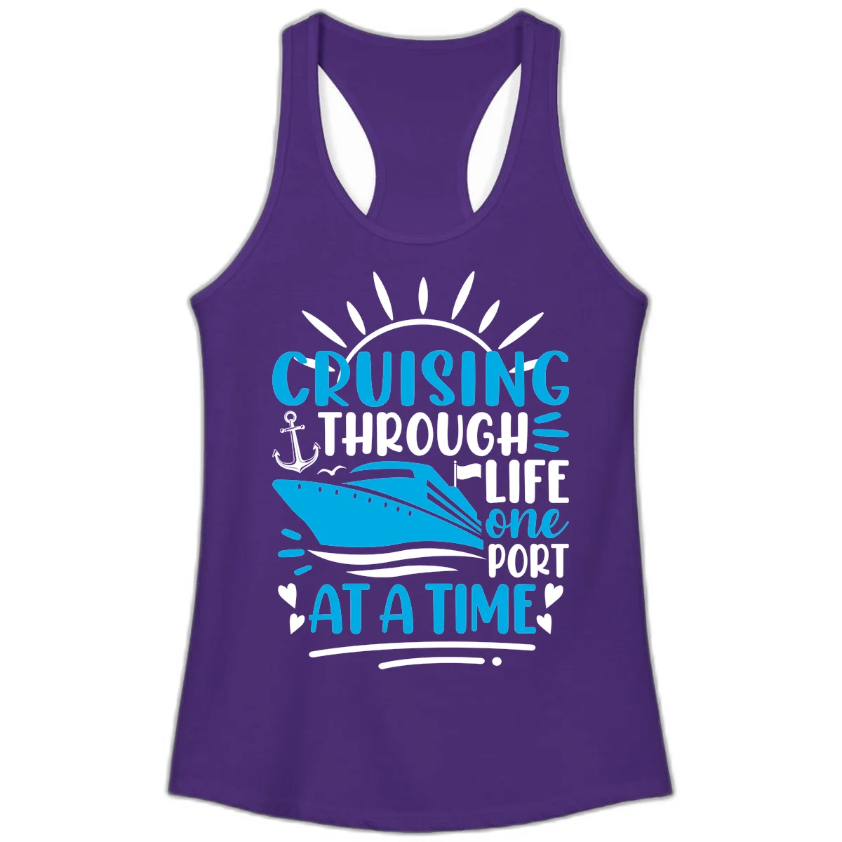 Cruising Through Life One Port At A Time Ladies Tank in Solid Purple Rush