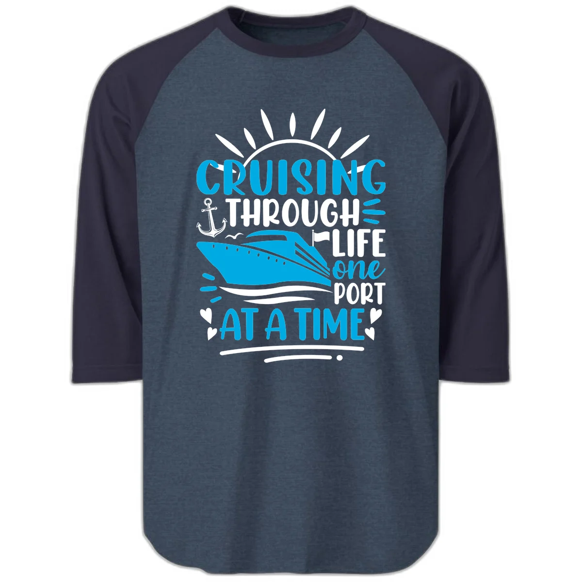 Cruising Through Life One Port At A Time Raglan 3/4 in Heather Denim Navy