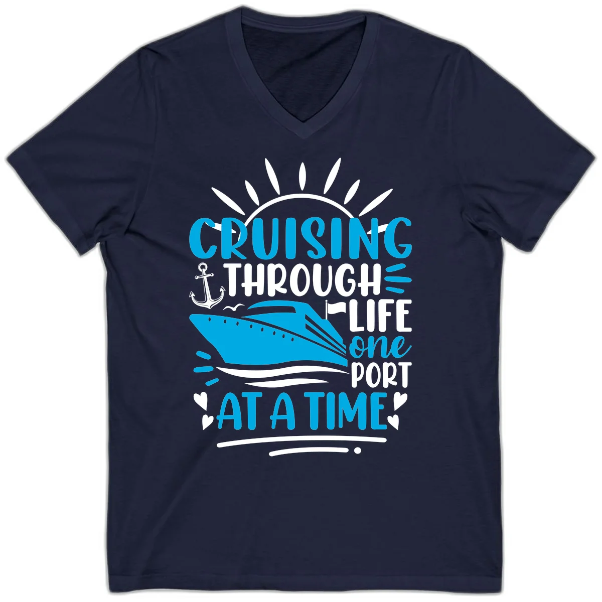 Cruising Through Life One Port At A Time V-Neck in Navy