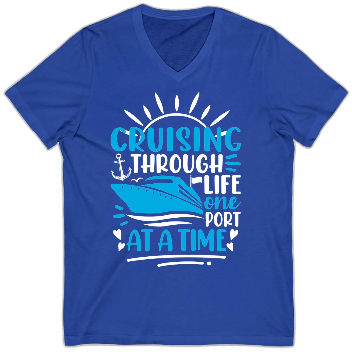 Cruising Through Life One Port At A Time V-Neck in True Royal