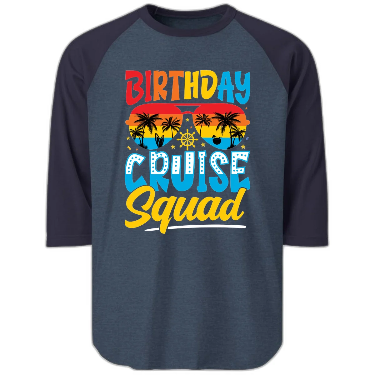 Birthday Cruise Squad Raglan 3/4 in Heather Denim Navy