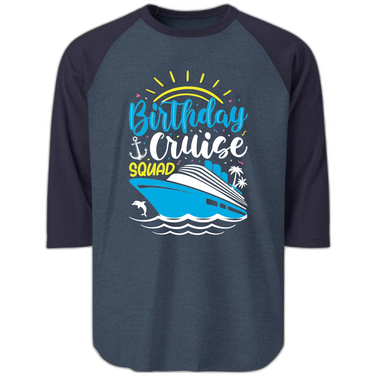 Birthday Cruise Squad Raglan 3/4 in Heather Denim Navy