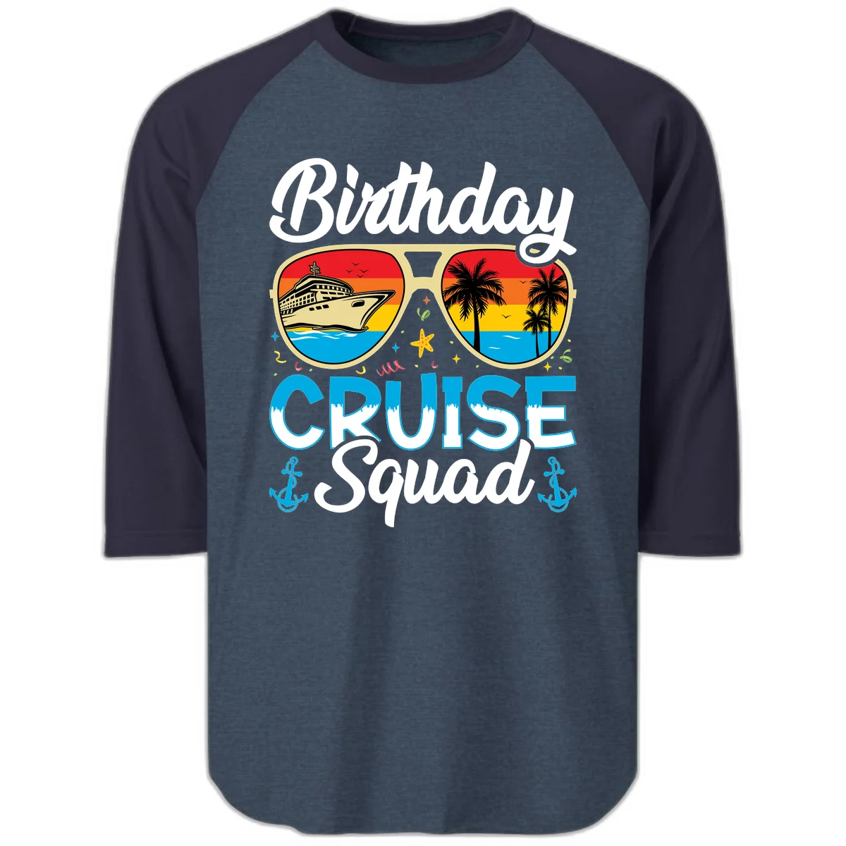 Birthday Cruise Squad Raglan 3/4 in Heather Denim Navy