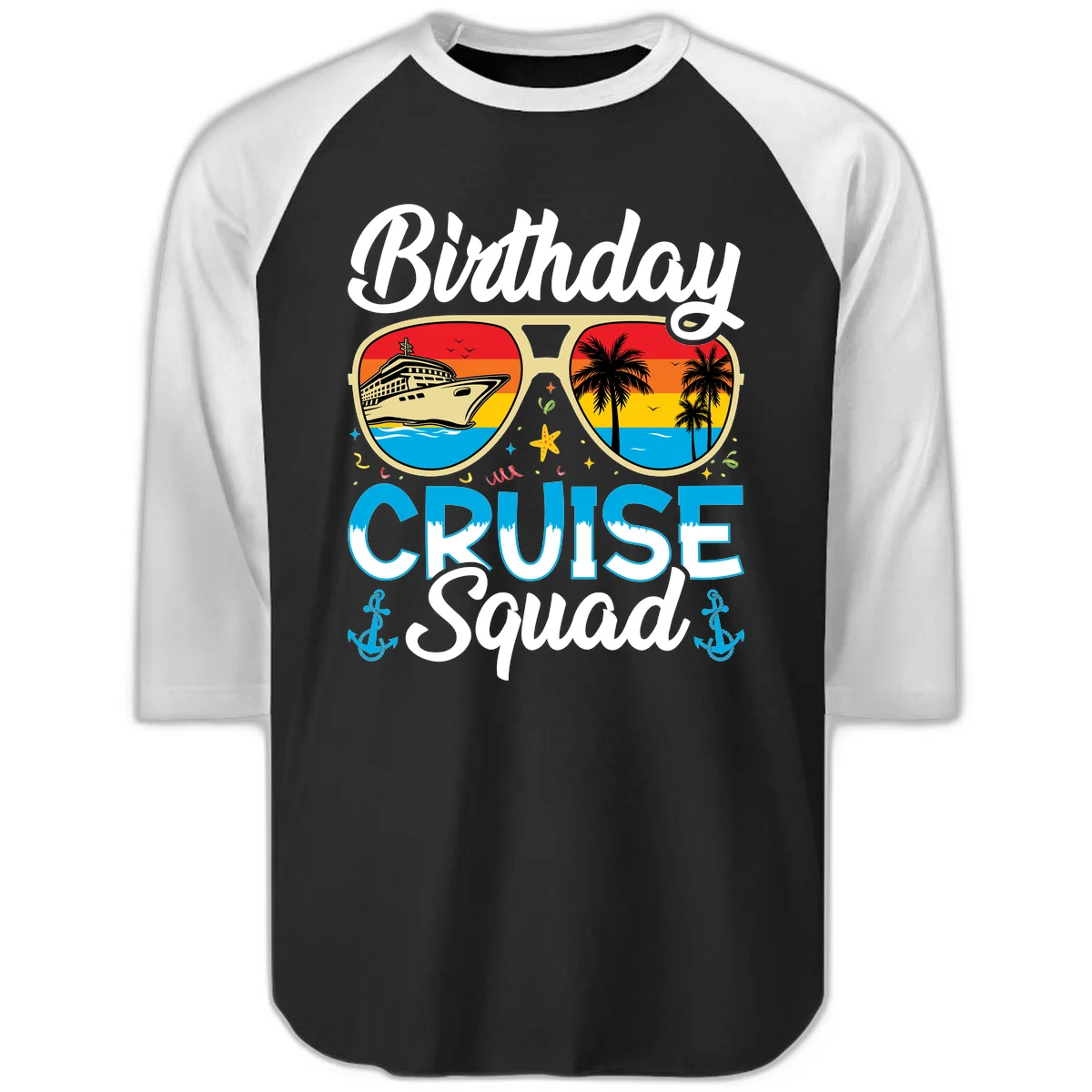 Birthday Cruise Squad Raglan 3/4 in Black White