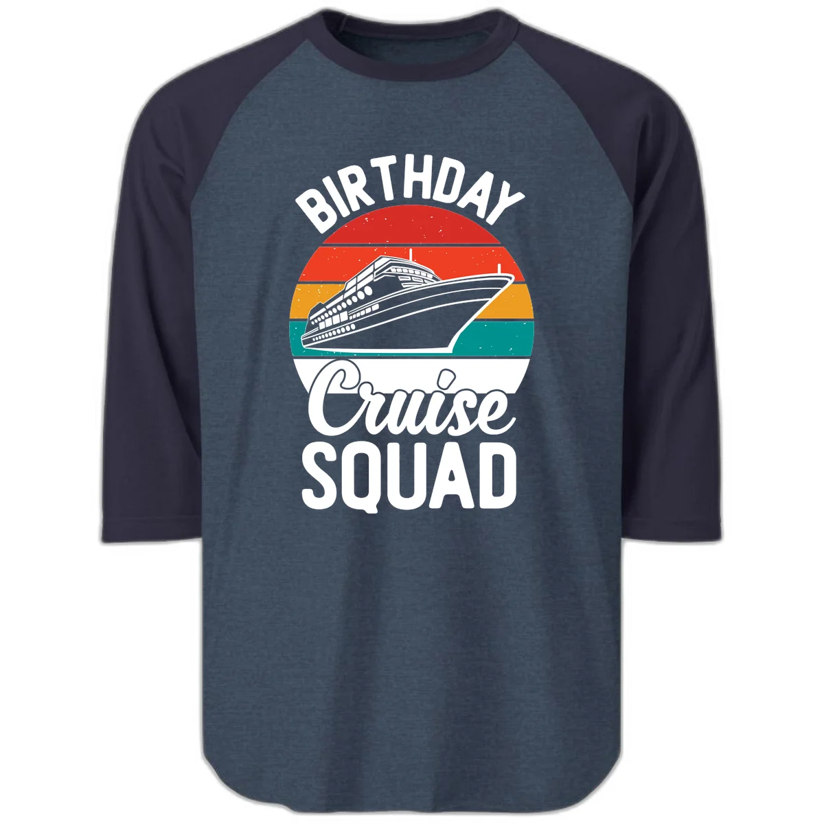 Birthday Cruise Squad Raglan 3/4 Sleeve Tee in Heather Denim Navy