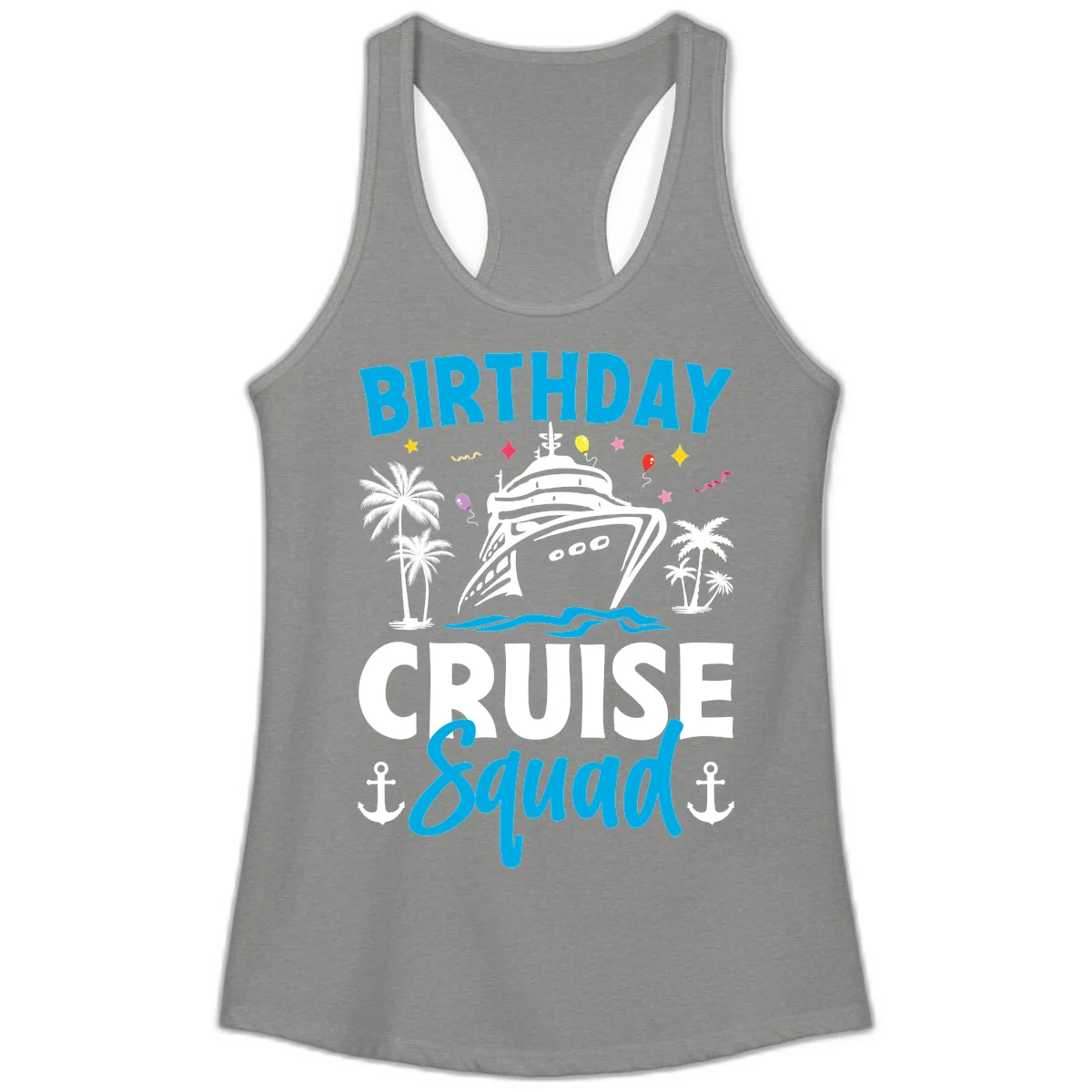Birthday Cruise Squad Ladies Racerback Tank Top in Heather Grey