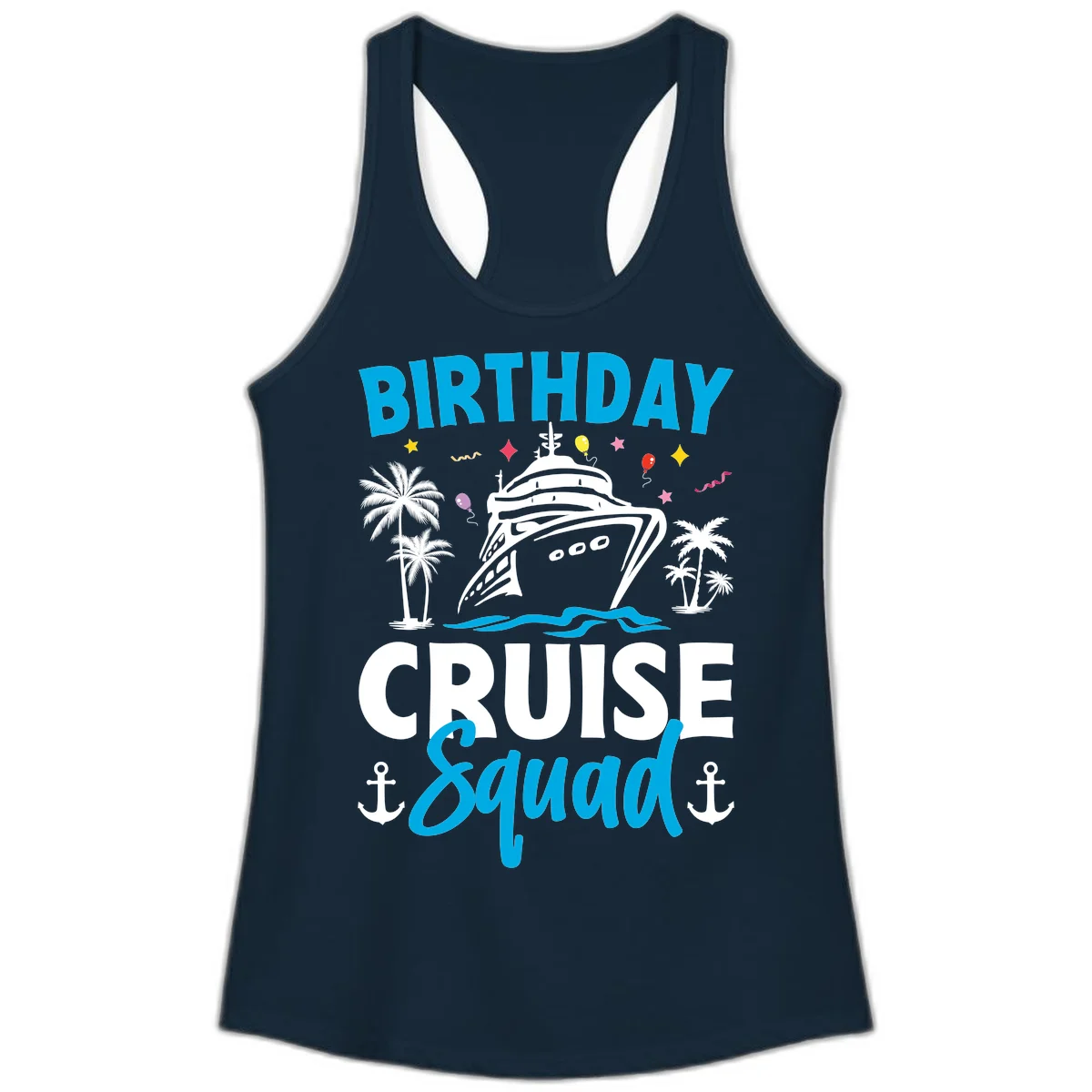 Birthday Cruise Squad Ladies Racerback Tank Top in Solid Midnight Navy