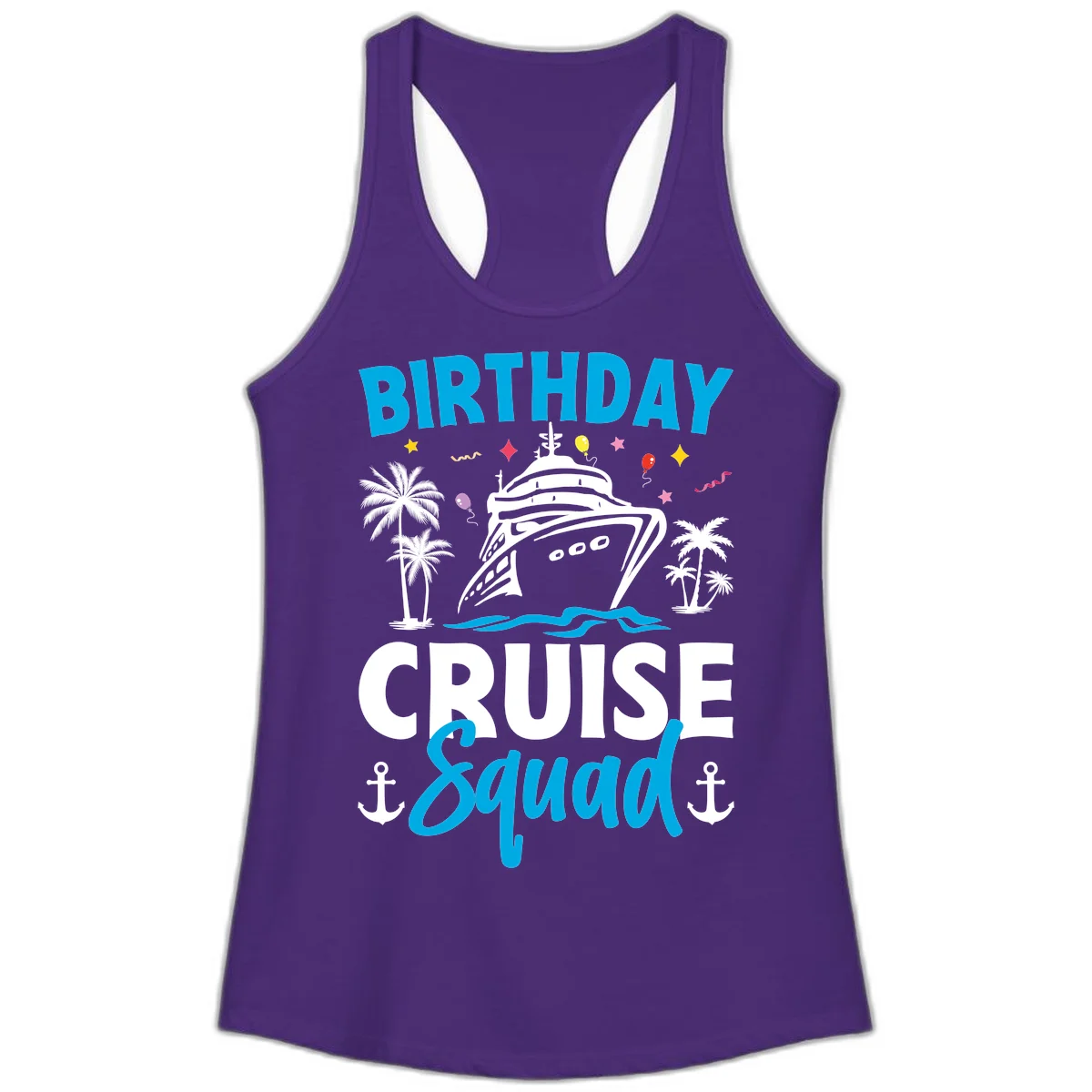 Birthday Cruise Squad Ladies Racerback Tank Top in Solid Purple Rush