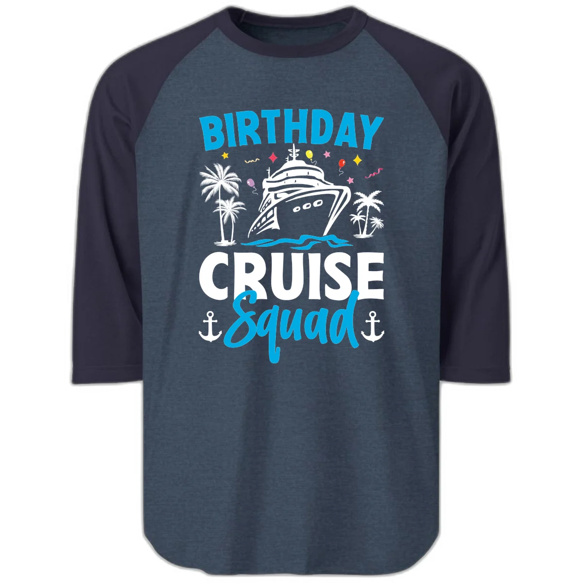 Birthday Cruise Squad Raglan 3/4 Sleeve Baseball Tee in Heather Denim Navy