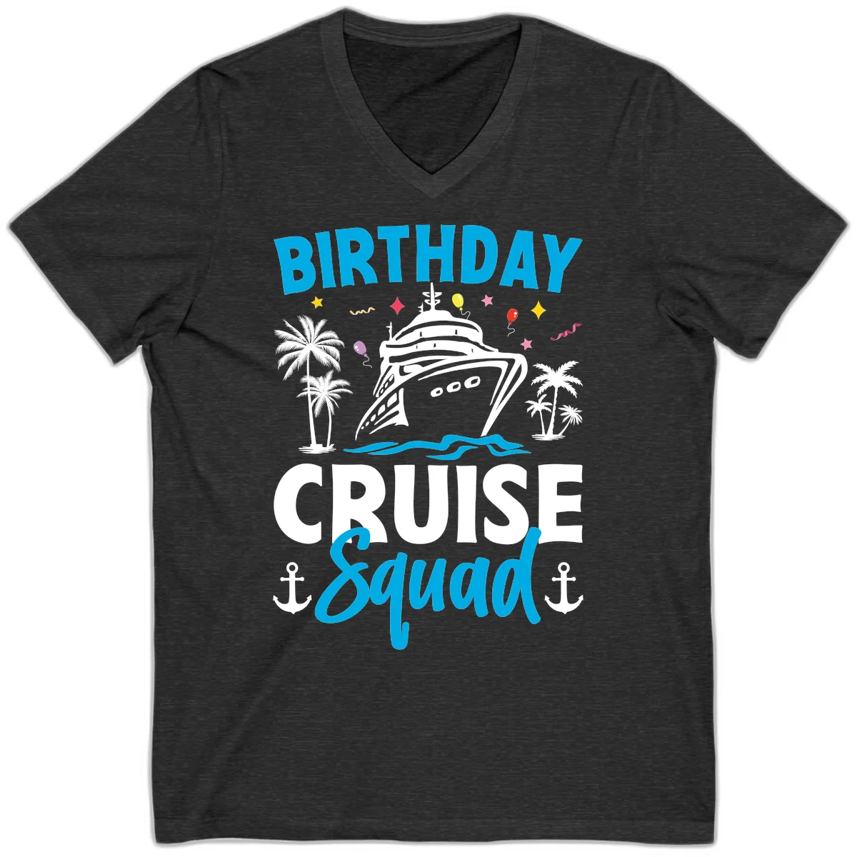 Birthday Cruise Squad V-Neck Tee for Vacation Fun in Dark Grey Heather