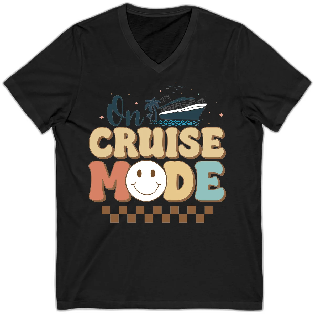 On Cruise Mode V-Neck T-Shirt - Vacation Fun in Black