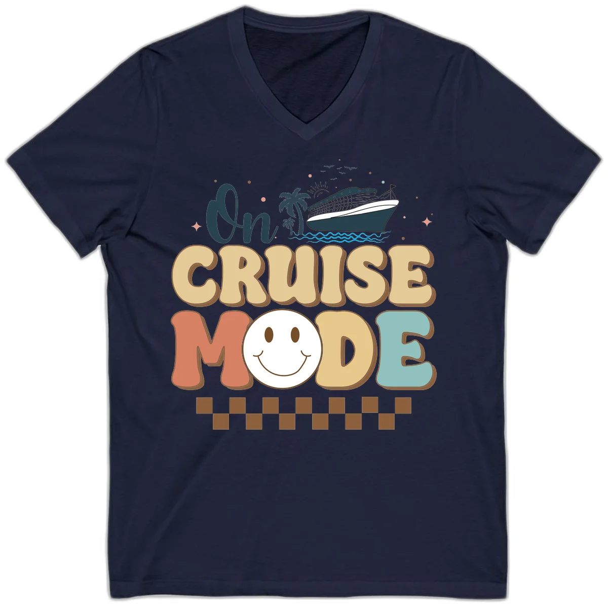 On Cruise Mode V-Neck T-Shirt - Vacation Fun in Navy