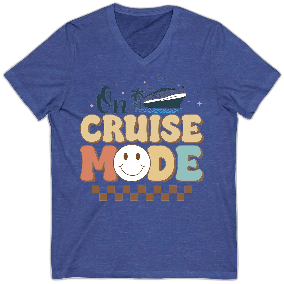 On Cruise Mode V-Neck T-Shirt - Vacation Fun in Heather True Royal