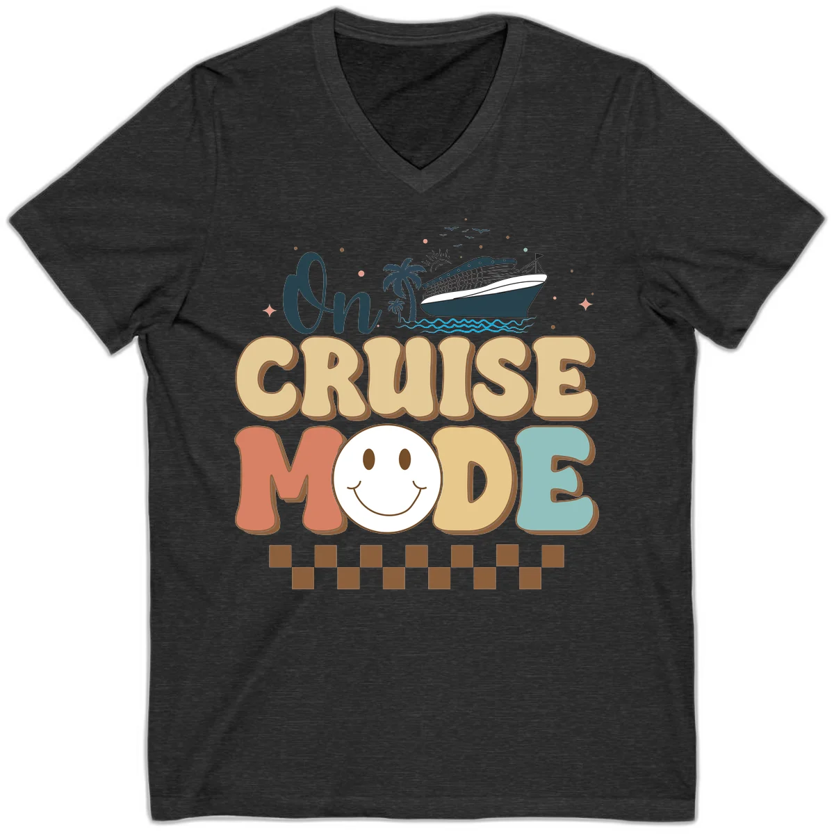 On Cruise Mode V-Neck T-Shirt - Vacation Fun in Dark Grey Heather