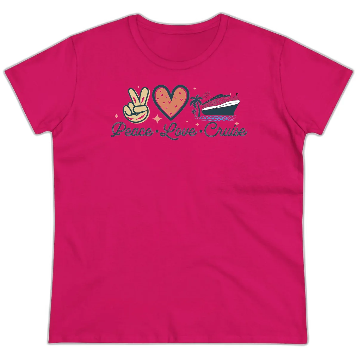 Peace Love Cruise Ladies Tee in Heliconia