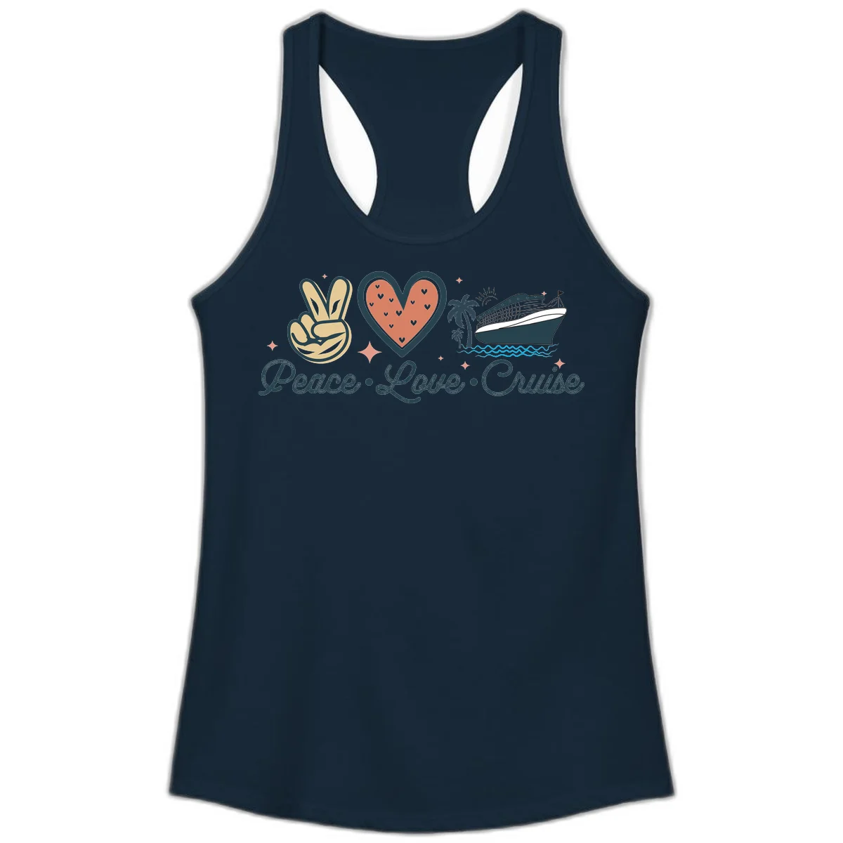 Peace Love Cruise Ladies Tank in Solid Midnight Navy