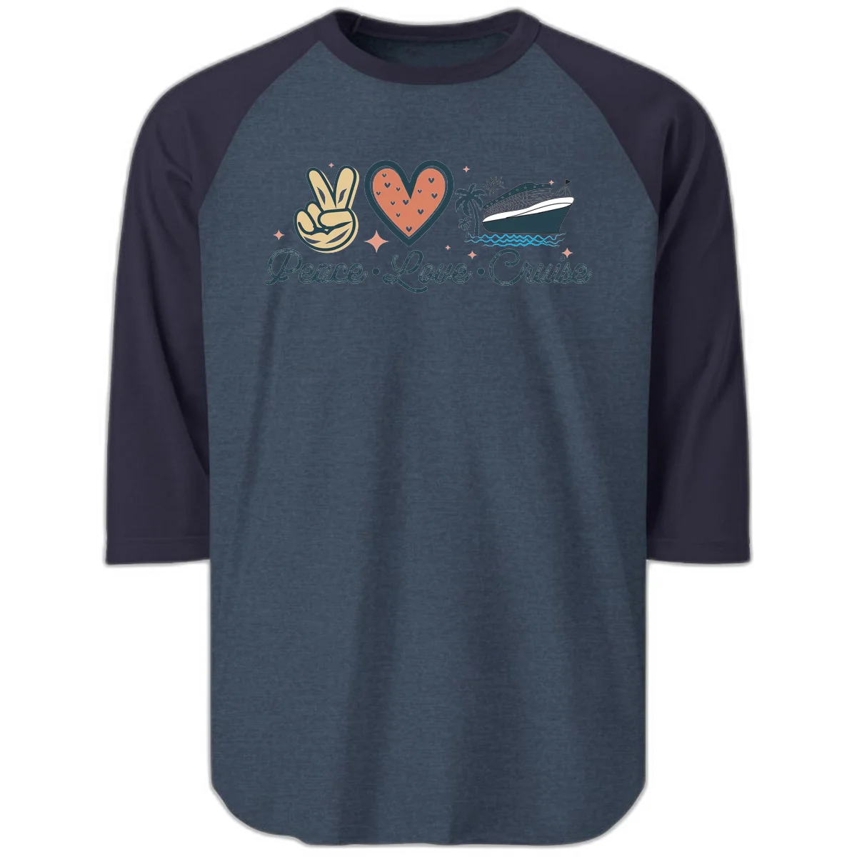 Peace Love Cruise Raglan 3/4 in Heather Denim Navy