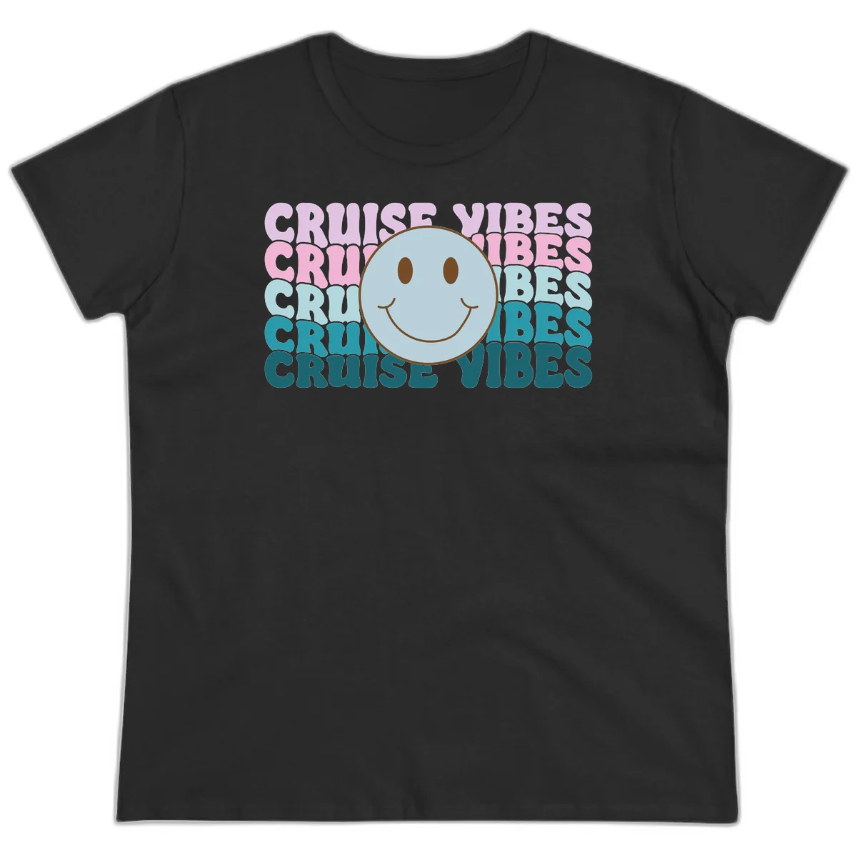 Cruise Vibes Smiley Face Ladies Tee in Black