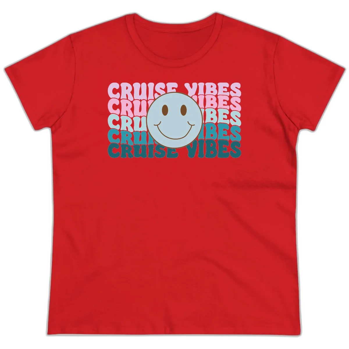 Cruise Vibes Smiley Face Ladies Tee in Red