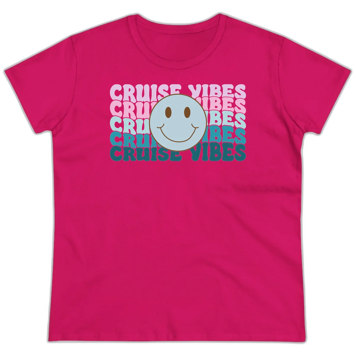 Cruise Vibes Smiley Face Ladies Tee in Heliconia
