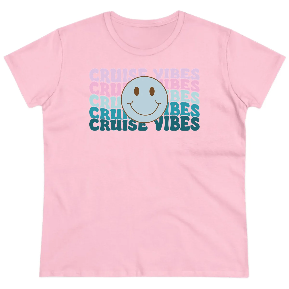 Cruise Vibes Smiley Face Ladies Tee in Light Pink