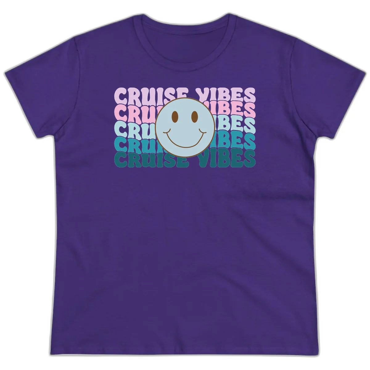 Cruise Vibes Smiley Face Ladies Tee in Purple