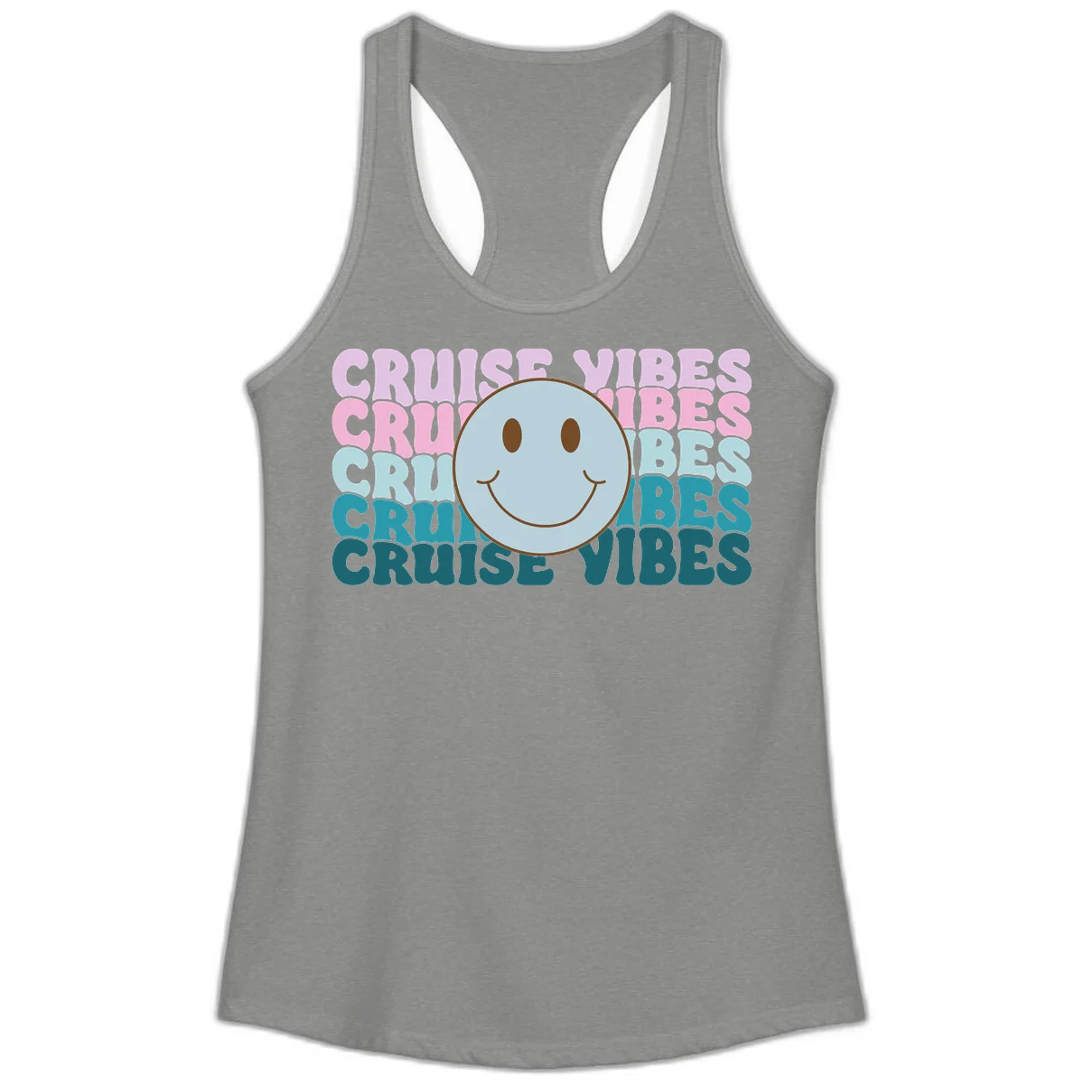 Cruise Vibes Smiley Face Ladies Tank in Heather Grey