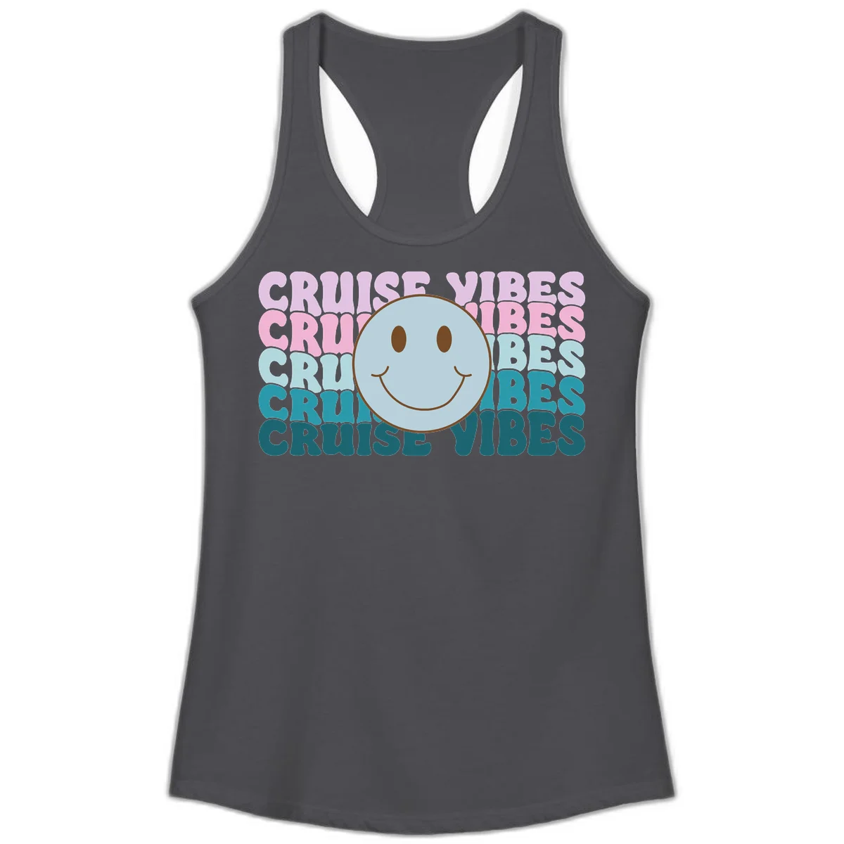Cruise Vibes Smiley Face Ladies Tank in Solid Dark Gray