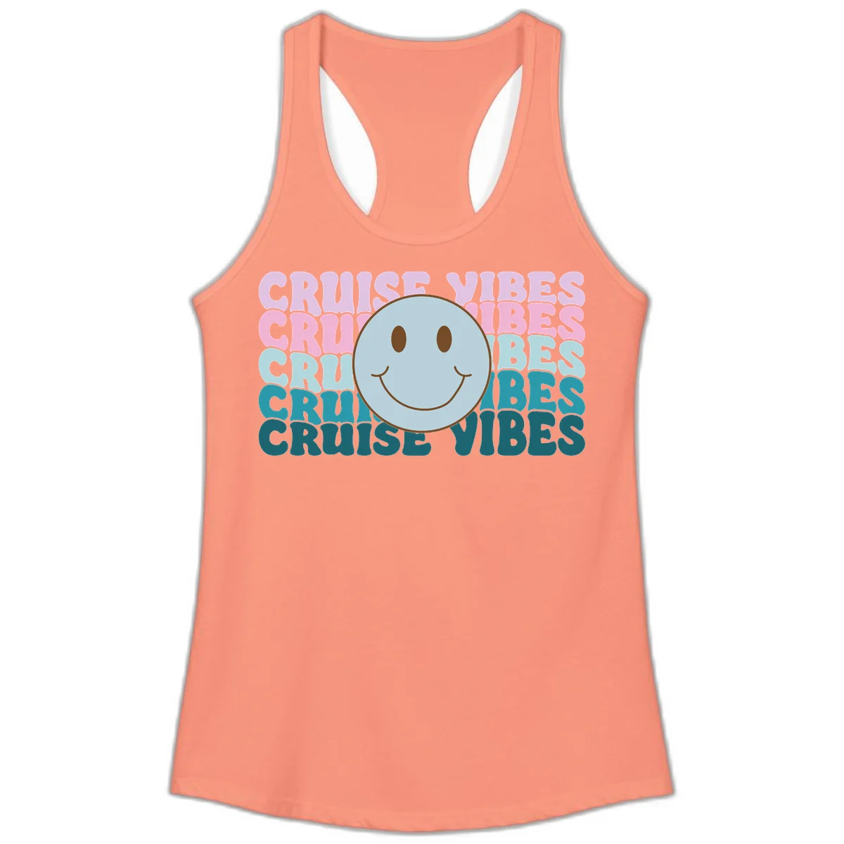 Cruise Vibes Smiley Face Ladies Tank in Solid Light Orange