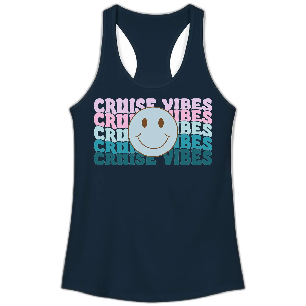 Cruise Vibes Smiley Face Ladies Tank in Solid Midnight Navy