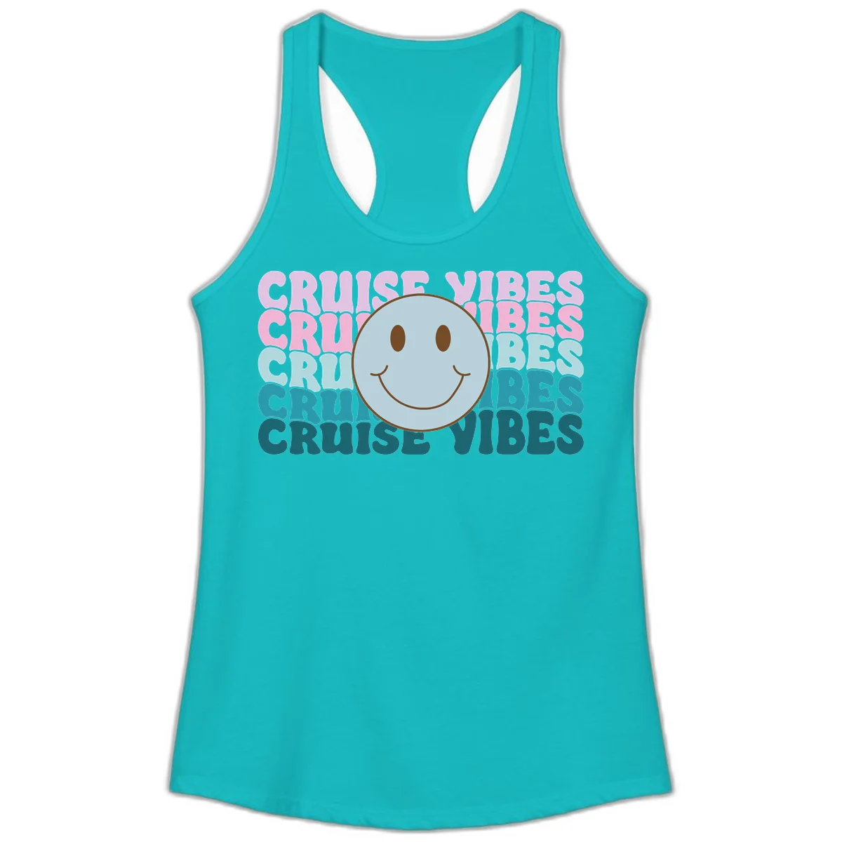 Cruise Vibes Smiley Face Ladies Tank in Tahiti Blue