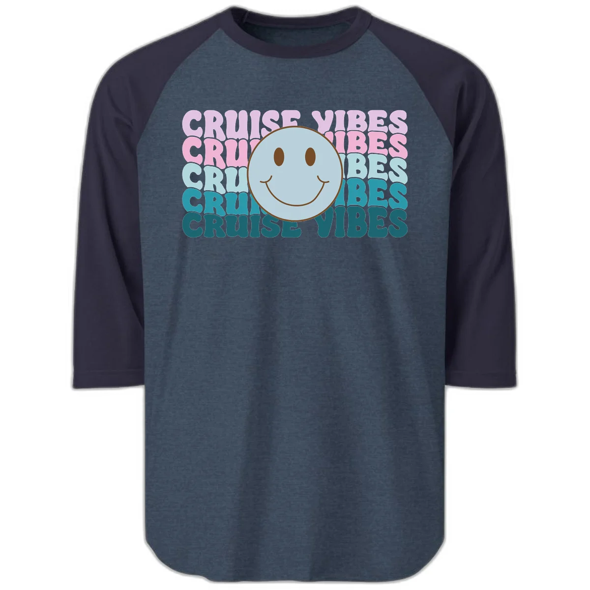 Cruise Vibes Smiley Face Raglan 3/4 in Heather Denim Navy
