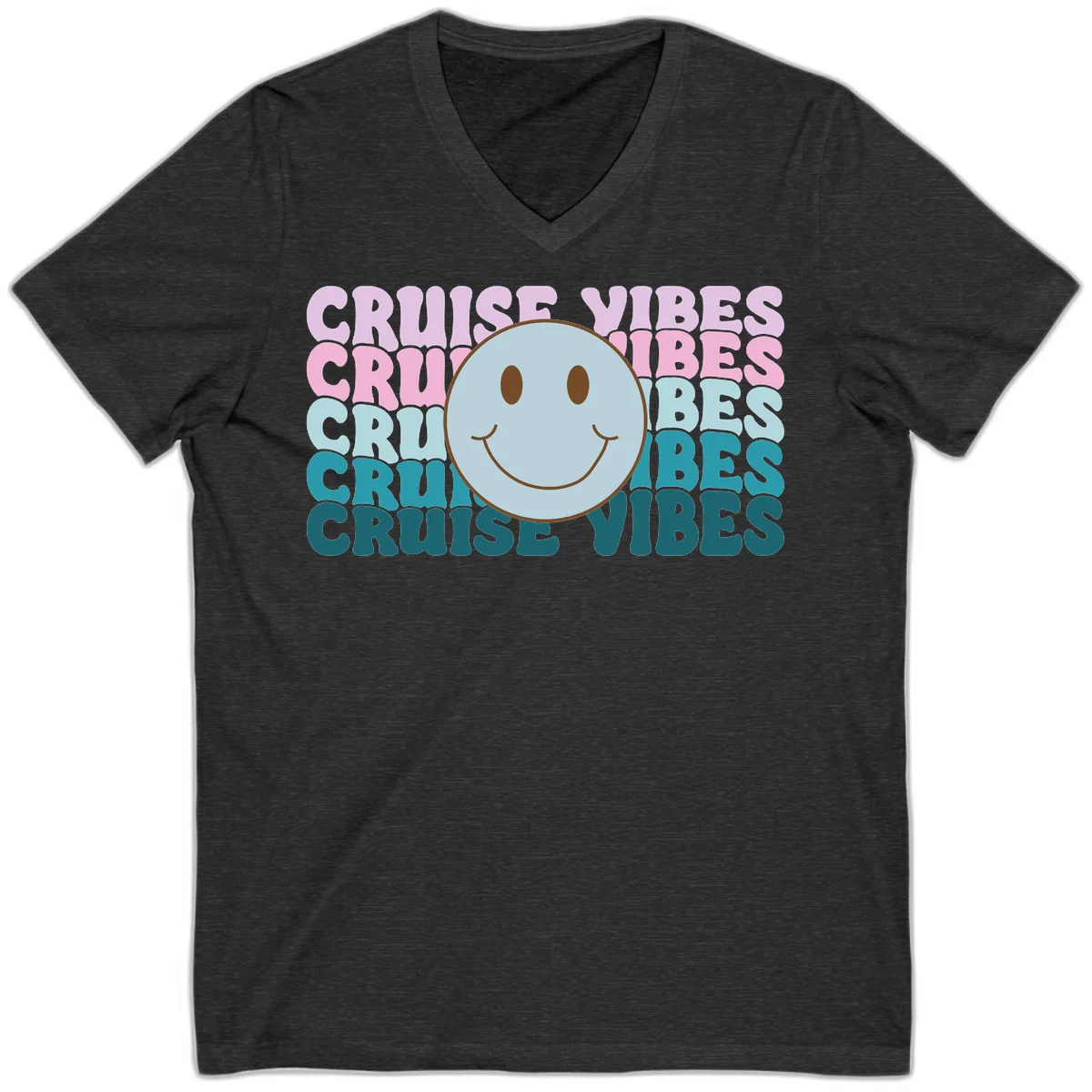 Cruise Vibes Smiley Face V-Neck in Dark Grey Heather