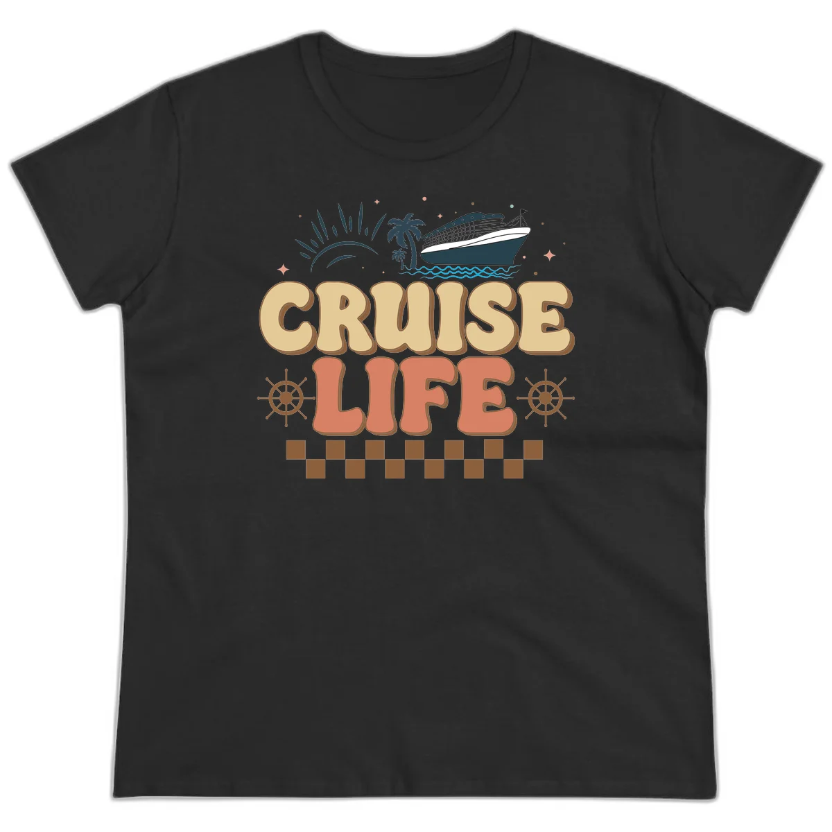 Cruise Life Retro Vacation Ladies Tee for Cruise Lovers in Black