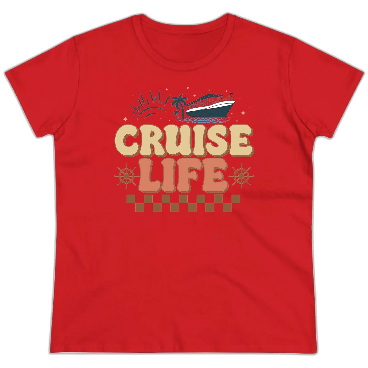 Cruise Life Retro Vacation Ladies Tee for Cruise Lovers in Red