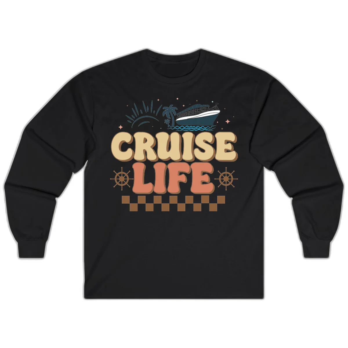 Cruise Life Retro Vacation Long Sleeve Shirt in Black