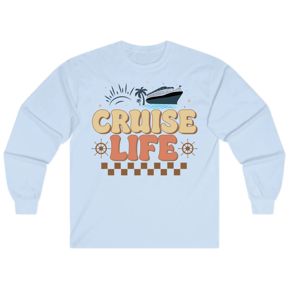 Cruise Life Retro Vacation Long Sleeve Shirt in Light Blue