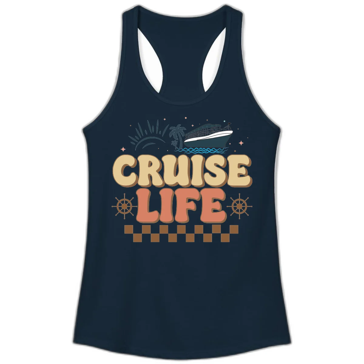 Cruise Life Retro Vacation Ladies Tank for Beach in Solid Midnight Navy