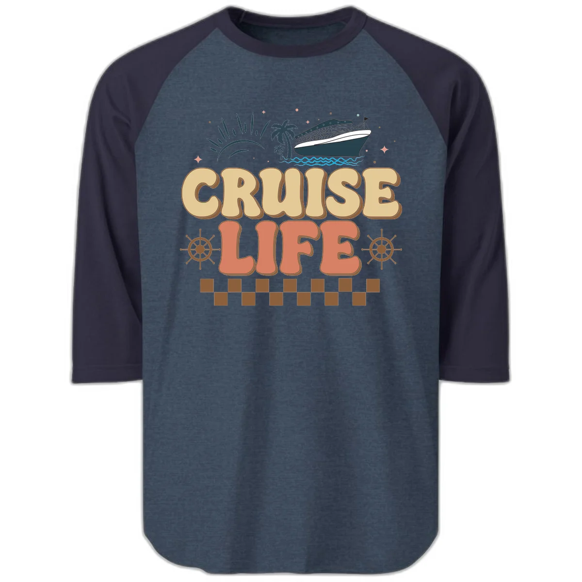 Cruise Life Retro Vacation Raglan 3/4 Sleeve Shirt in Heather Denim Navy