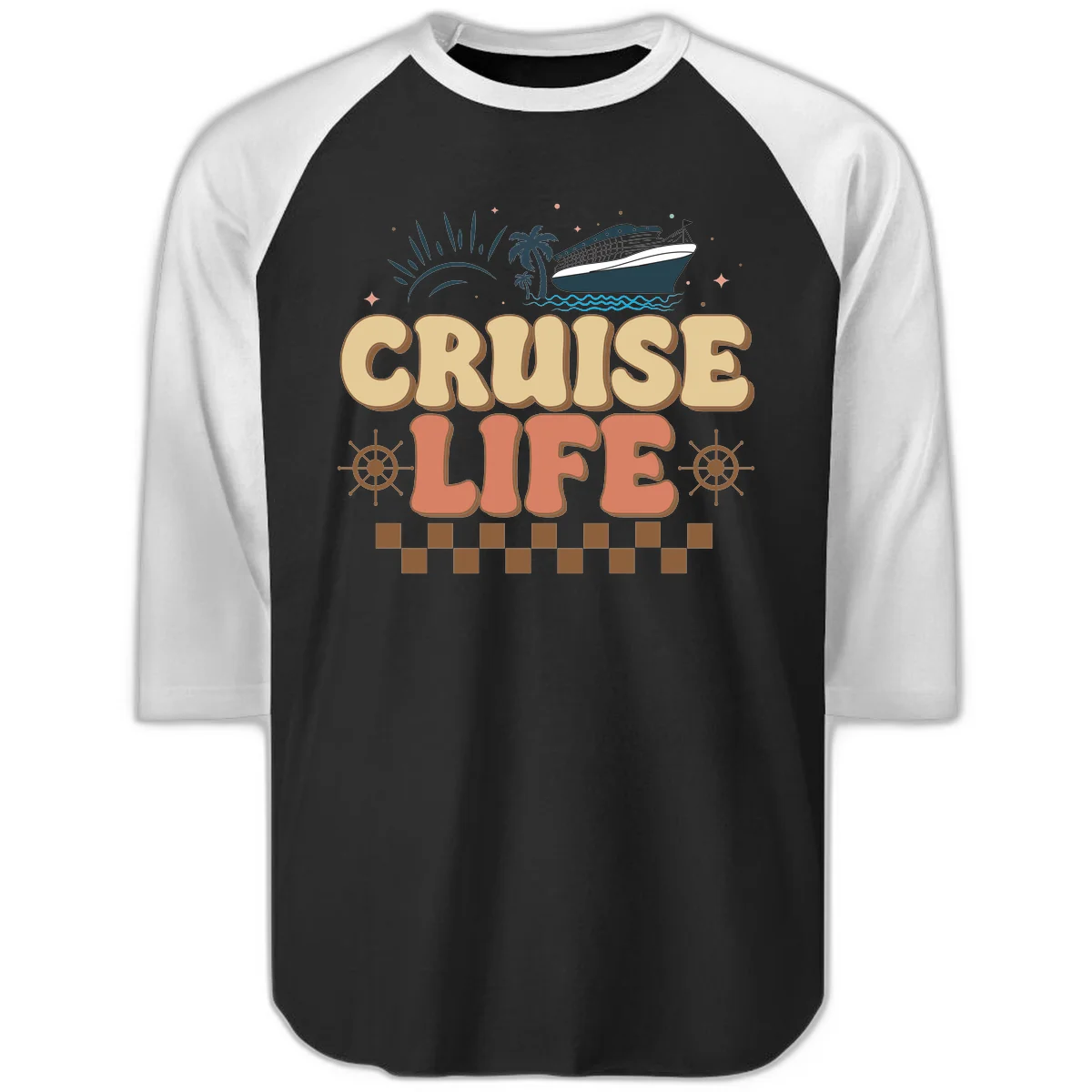 Cruise Life Retro Vacation Raglan 3/4 Sleeve Shirt in Black White