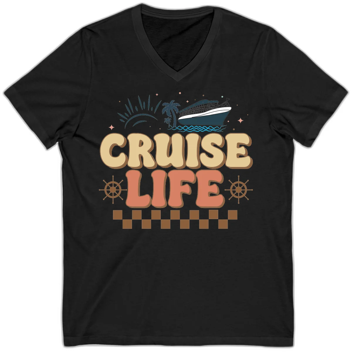 Cruise Life Retro Vacation V-Neck Tee for Travel in Black