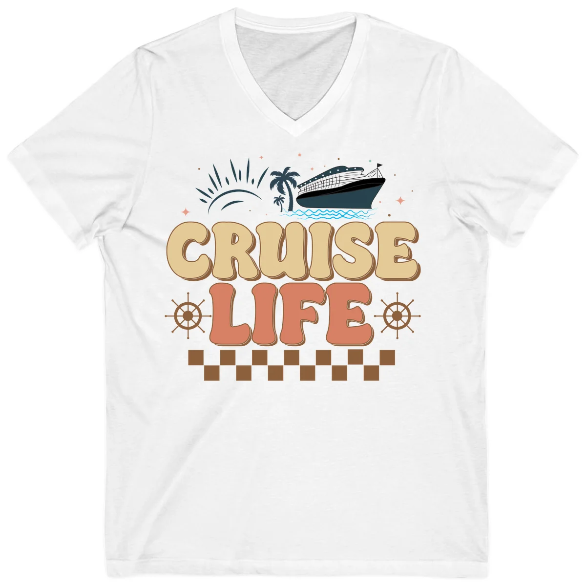 Cruise Life Retro Vacation V-Neck Tee for Travel in White