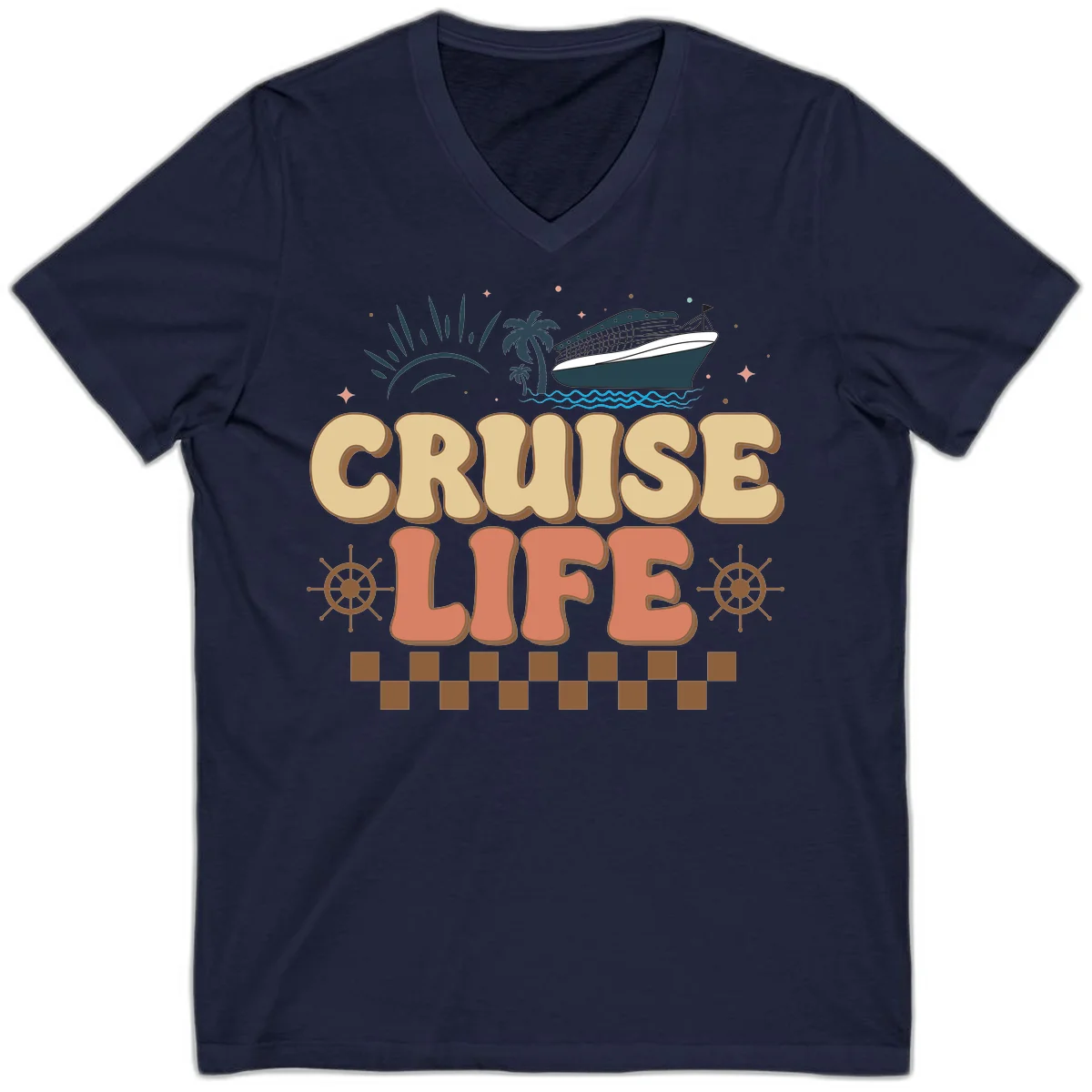 Cruise Life Retro Vacation V-Neck Tee for Travel in Navy