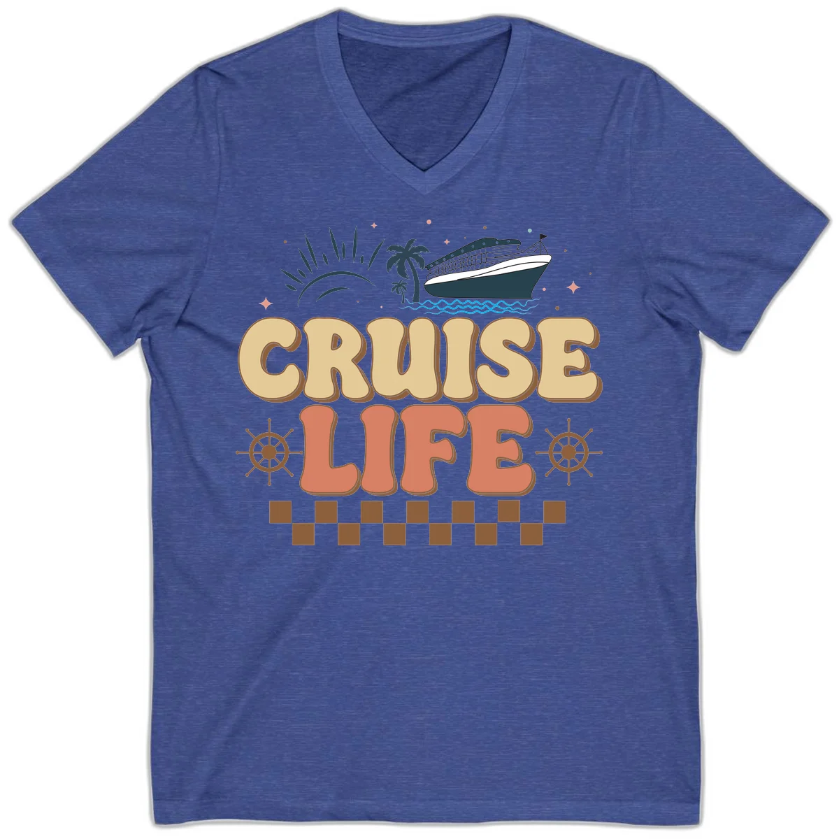 Cruise Life Retro Vacation V-Neck Tee for Travel in Heather True Royal