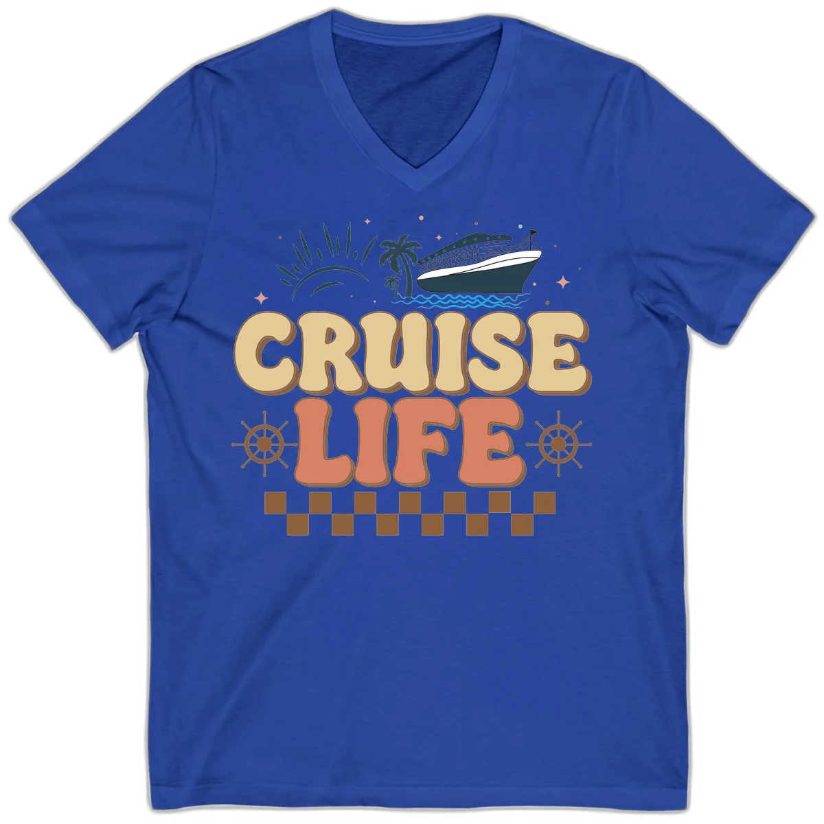 Cruise Life Retro Vacation V-Neck Tee for Travel in True Royal