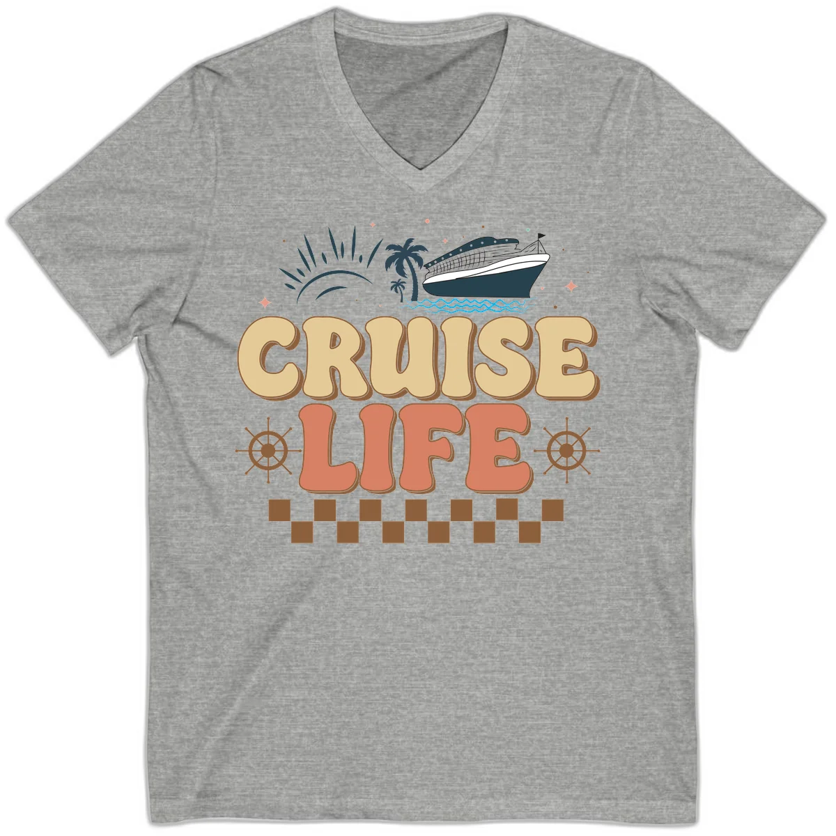 Cruise Life Retro Vacation V-Neck Tee for Travel in Athletic Heather